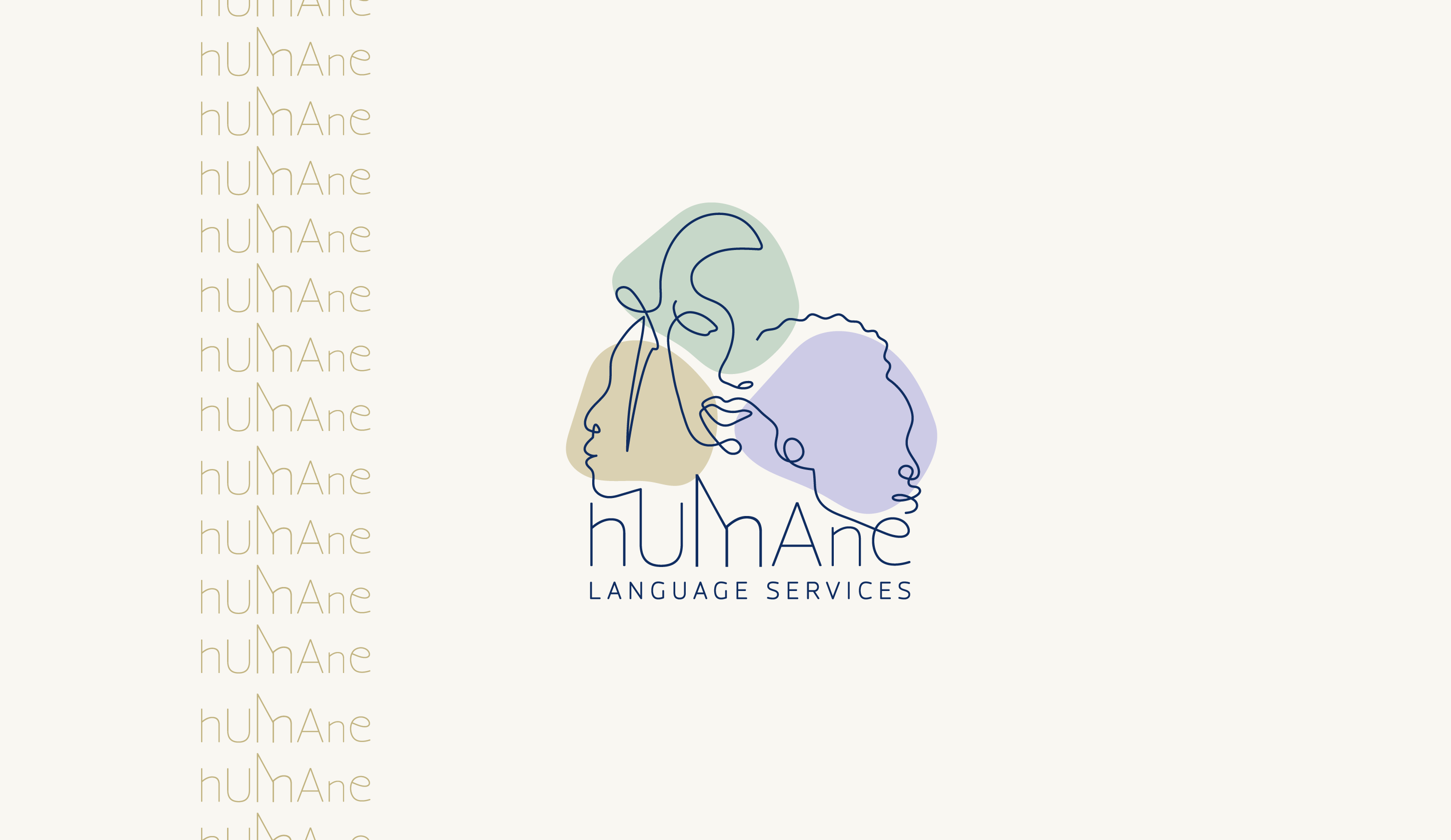 El logotipo de Humane, una imagen abstracta que representa tres manchas irregulares de color (verde menta, amarillo pardusco claro y lila) sobre un fondo blanco. Sobre ellos, tres simples líneas azules se entrelazan para dibujar los contornos de tres rostros: el del medio, ligeramente por encima de los demás, mira hacia adelante, mientras que los dos de abajo están de perfil, de espaldas. Los rostros no están limitados por los límites de las manchas de color. Debajo de ellos, un texto dice: 'Humanos - Servicios Lingüísticos'. Dos de las líneas azules se extienden desde las caras para formar dos de las letras.